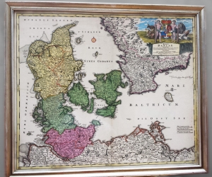 Дания. Гравированная карта королевства Дании. Издана Иоганном Баптистом Хоманном в Нюрнберге и дополнена Иоганном Гюбнером. 1754 г.