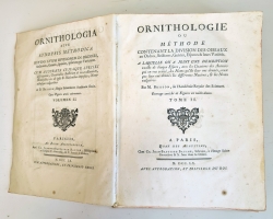 `Ornithologie ou methode contenant la division des oiseaux en ordres, sections, genres, especes Leurs varits (Орнитология или метод, содержащий разделение птиц на отряды, секции, роды, виды, их разновидности)` Mathurin-Jacques Brisson (Матюрен-Жак Бриссон). A Paris, Quay des Augustins, Chez Cl.Jeans-Baptiste Bauche, Libraire, M.DCC.LX (1760 г.)