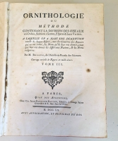 `Ornithologie ou methode contenant la division des oiseaux en ordres, sections, genres, especes Leurs varits (Орнитология или метод, содержащий разделение птиц на отряды, секции, роды, виды, их разновидности)` Mathurin-Jacques Brisson (Матюрен-Жак Бриссон). A Paris, Quay des Augustins, Chez Cl.Jeans-Baptiste Bauche, Libraire, M.DCC.LX (1760 г.)