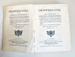 `Ornithologie ou methode contenant la division des oiseaux en ordres, sections, genres, especes Leurs varits (Орнитология или метод, содержащий разделение птиц на отряды, секции, роды, виды, их разновидности)` Mathurin-Jacques Brisson (Матюрен-Жак Бриссон). A Paris, Quay des Augustins, Chez Cl.Jeans-Baptiste Bauche, Libraire, M.DCC.LX (1760 г.)