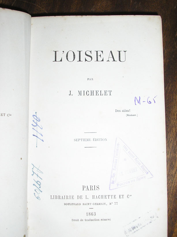 `“L’oiseau”` J.Michelet. Paris, Librairie de L. Hachette et Cie, 1863